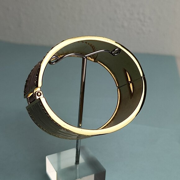 Retro Dripping Oil Oval Hinged Cuff Bangle Clamper Bracelet Two Tone Gol… - Picture 7 of 9